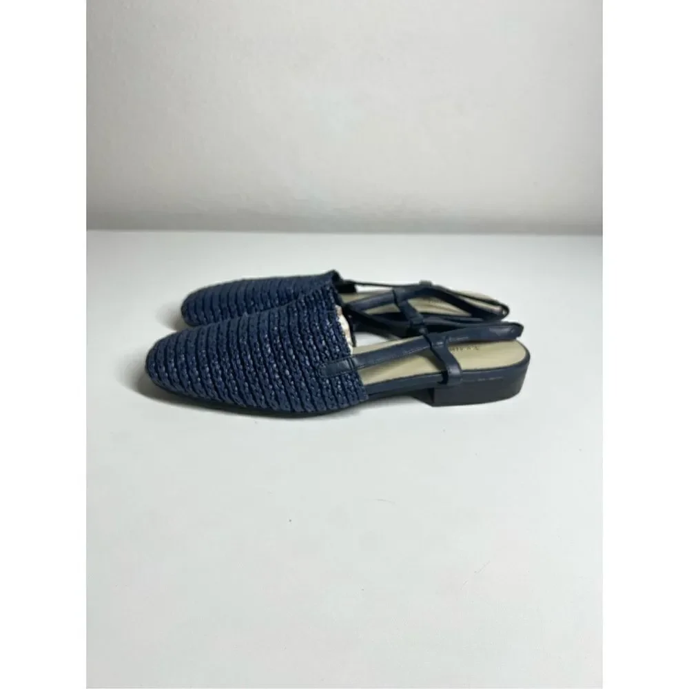 Jasmin Navy Blue Stretch Macrame  Leather Combination Flat Heel Sling Back Slip